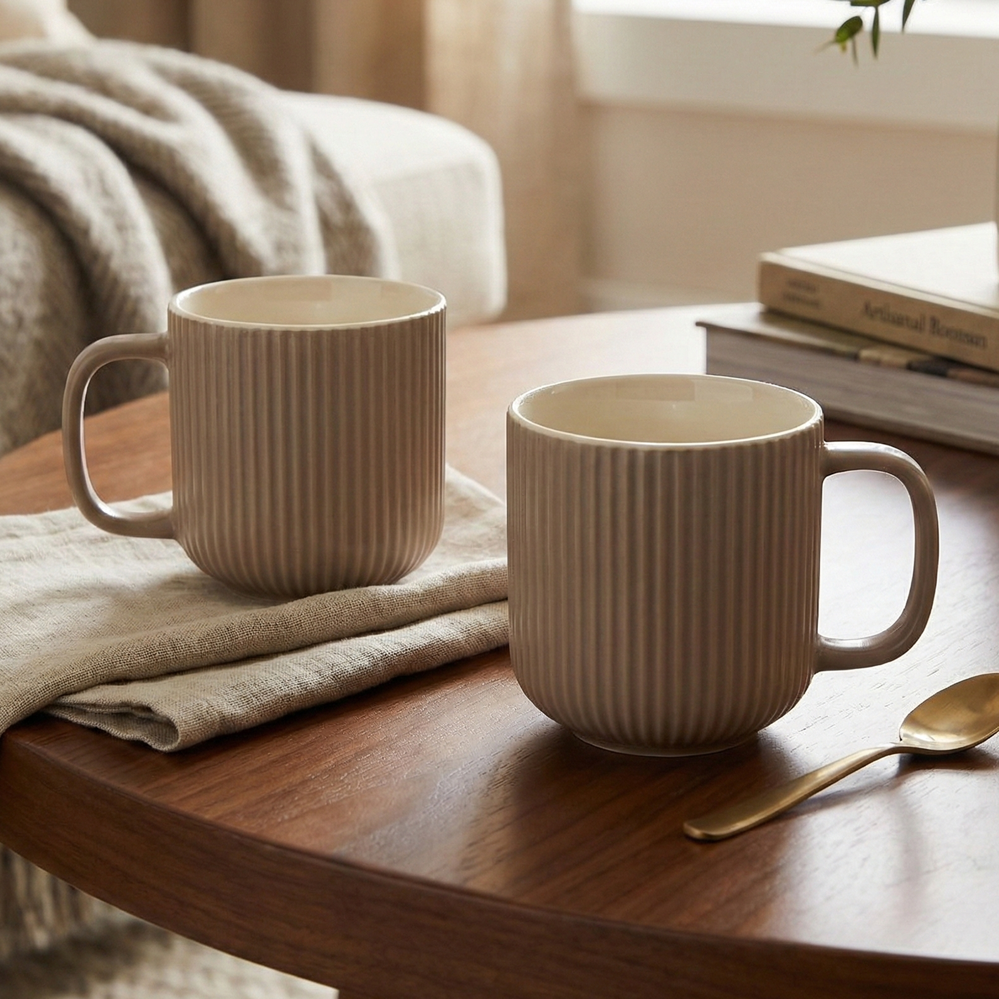 Earthy Ribbed New Bone China Coffee Mug Set of 2