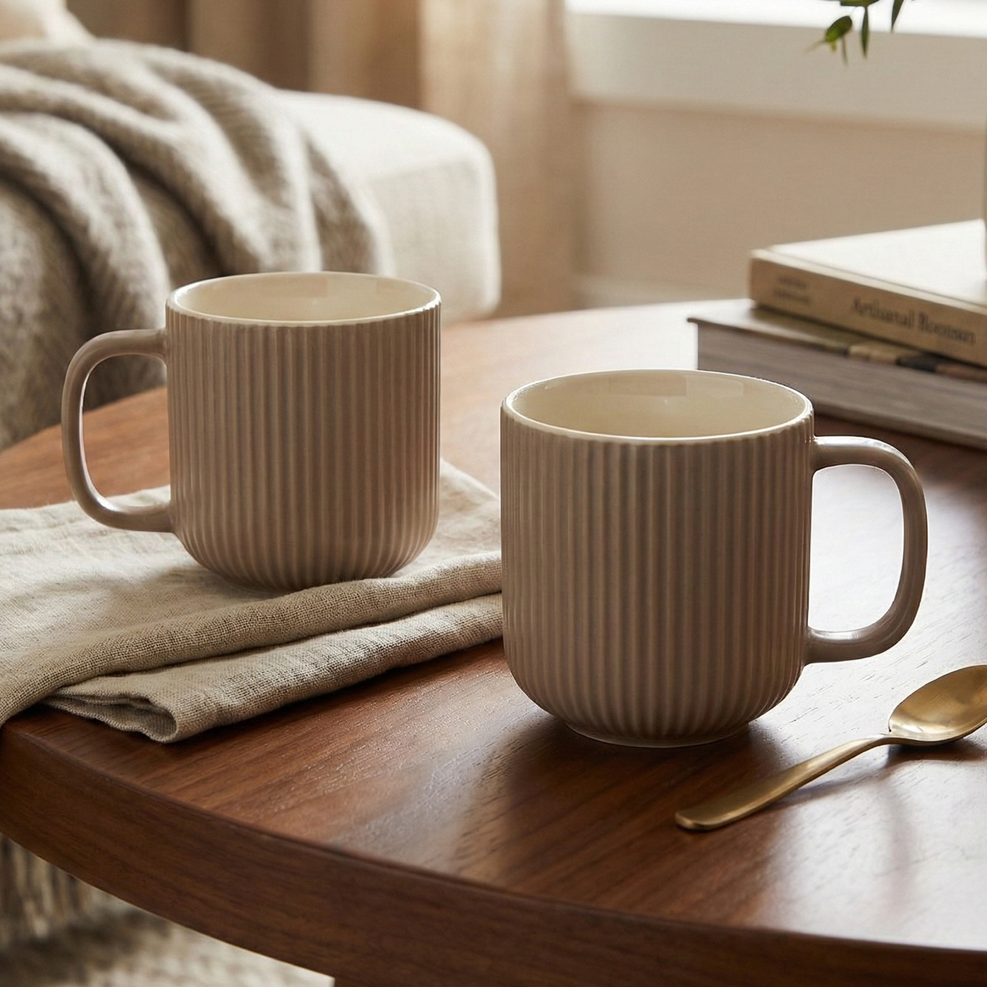 Earthy Ribbed New Bone China Coffee Mug Set of 2