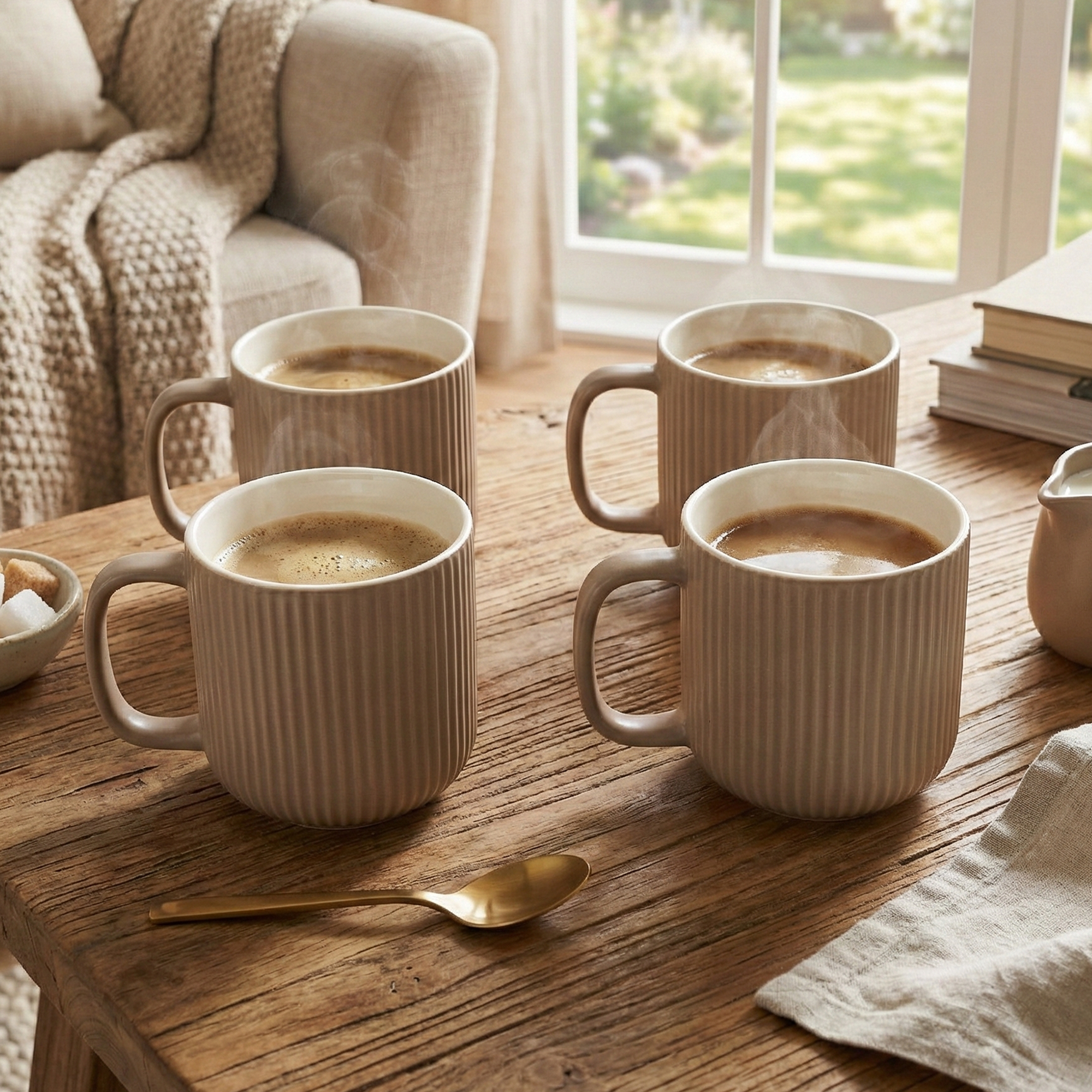 Earthy Ribbed New Bone China Coffee Mug Set of 4