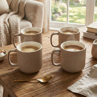 Earthy Ribbed New Bone China Coffee Mug Set of 4
