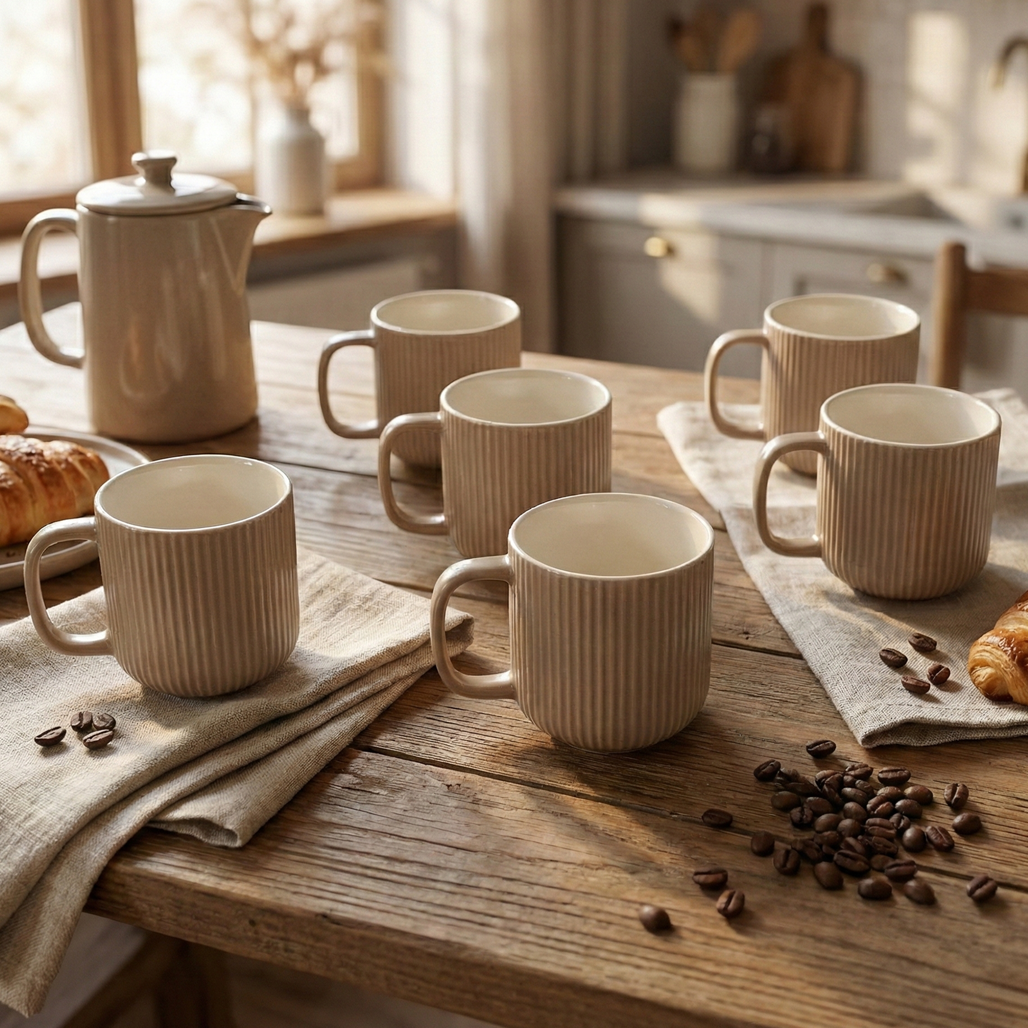 Earthy Ribbed New Bone China Coffee Mug Set of 6