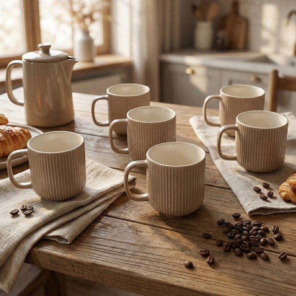 Earthy Ribbed New Bone China Coffee Mug Set of 6