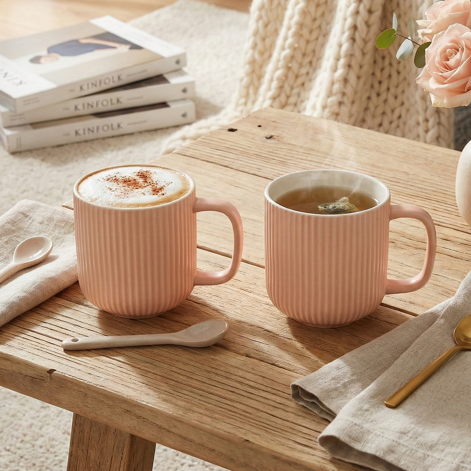 Misty Rose Ribbed New Bone China Coffee Mug Set of 2