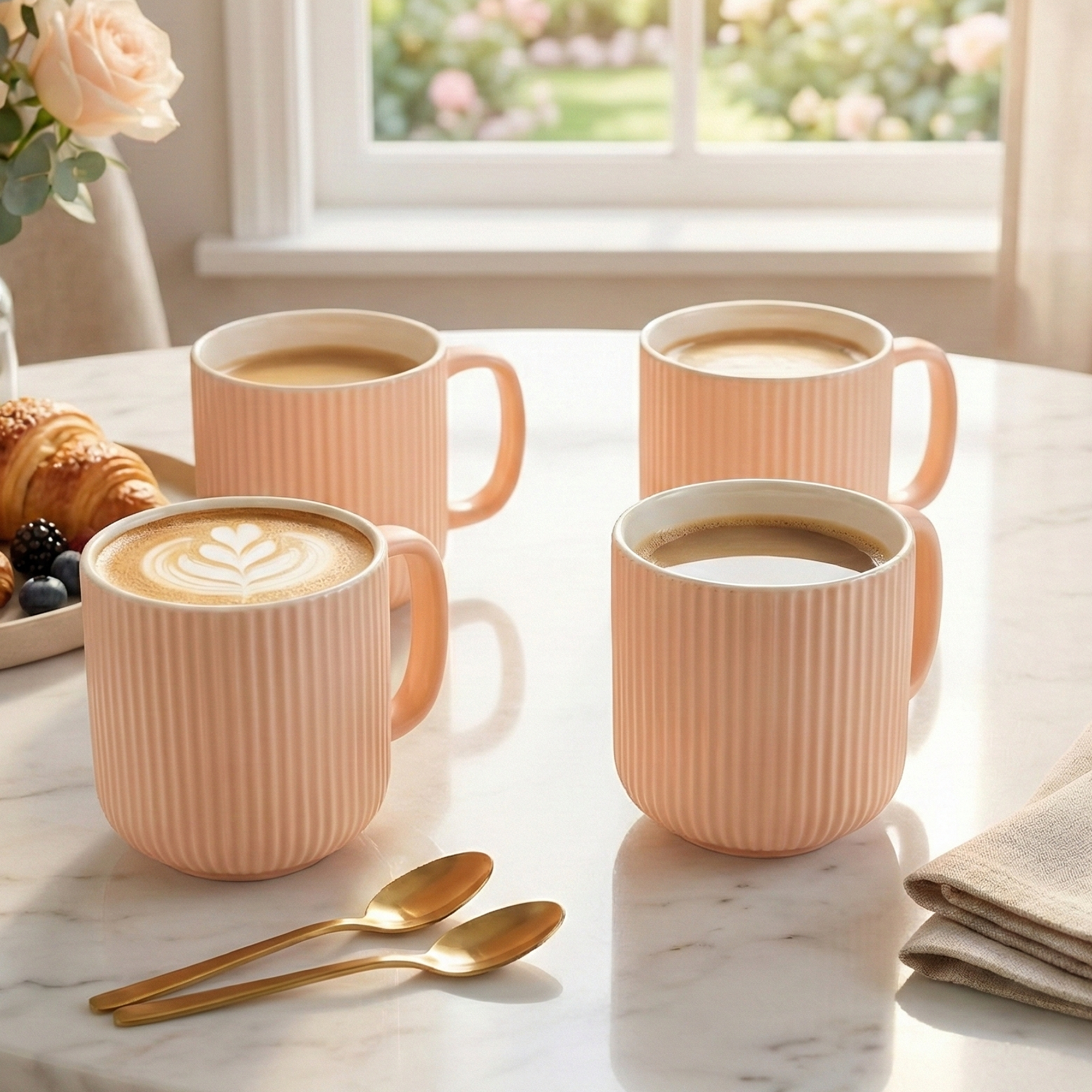 Misty Rose Ribbed New Bone China Coffee Mug Set of 4