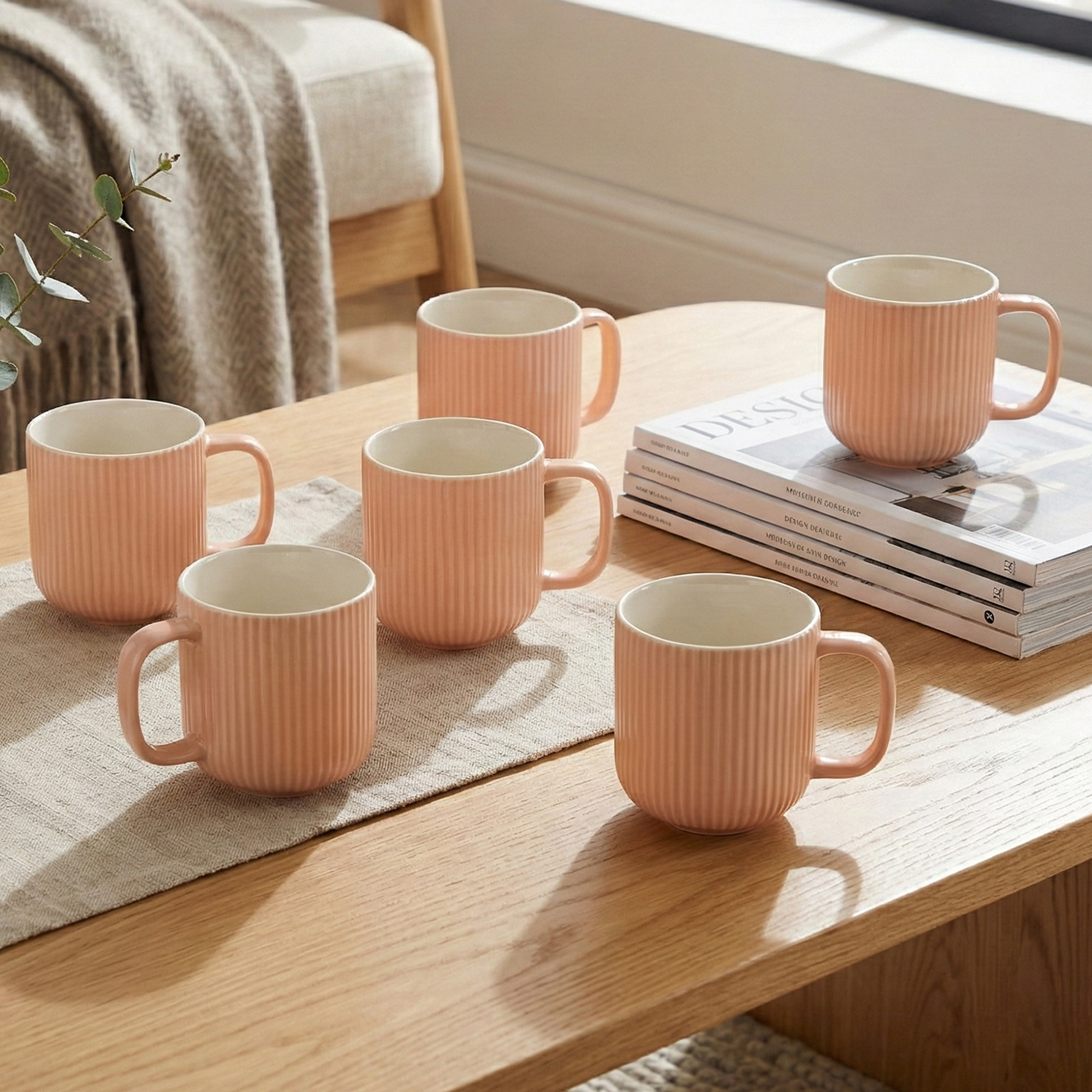 Misty Rose Ribbed New Bone China Coffee Mug Set of 6