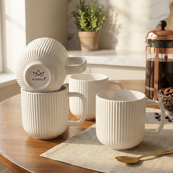 Moonlit Ribbed New Bone China Coffee Mug Set of 4