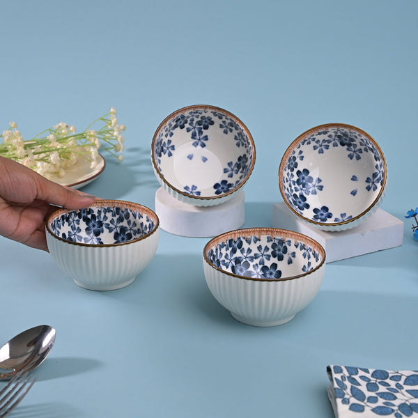 Floral Ribbed Porcelain Bowls (Set of 4)