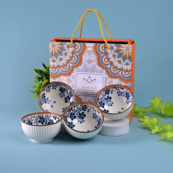 Floral Ribbed Porcelain Bowls (Set of 4)