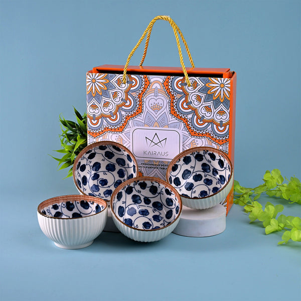 Handpainted Ribbed Porcelain Bowls (Set of 4)