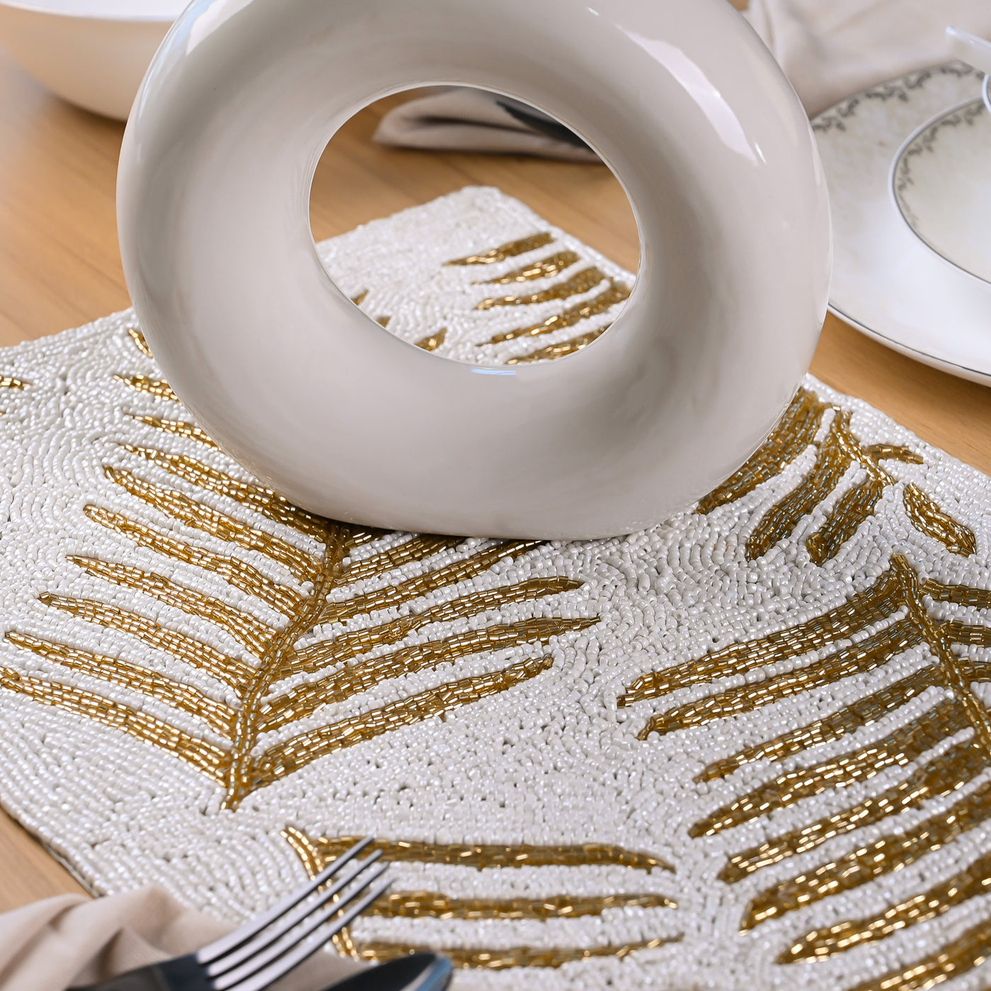 Thanksgiving Golden-White Hand-beaded Table Mat