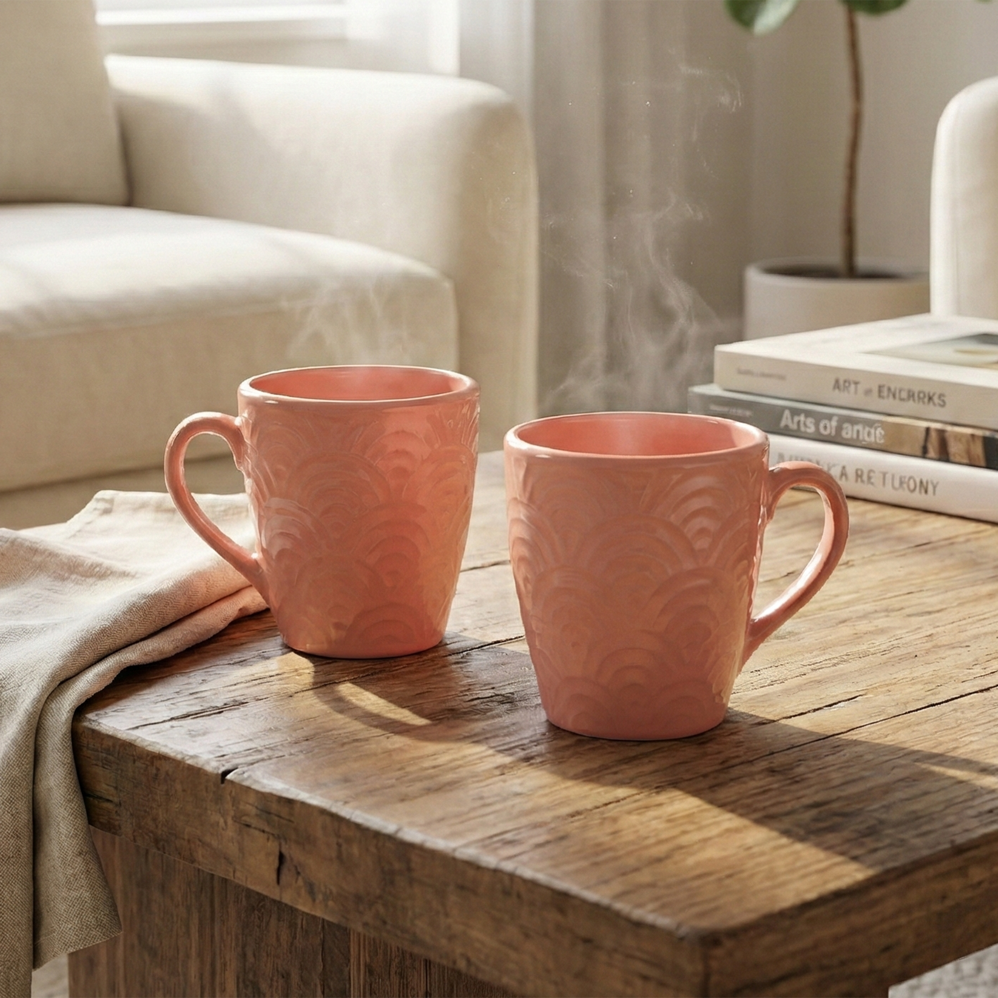 Peachy Coral Pink Ceramic Coffee Mug Set of 2