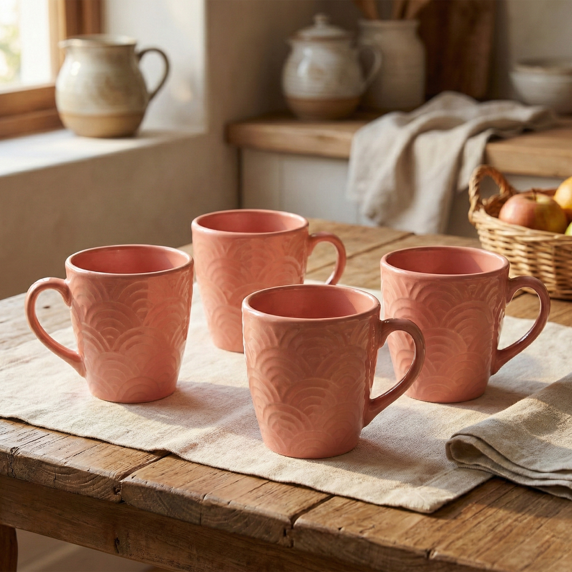 Peachy Coral Pink Ceramic Coffee Mug Set of 4