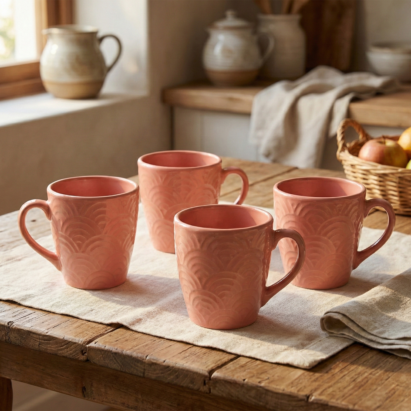 Peachy Coral Pink Solid Ceramic Coffee Mug Set of 4