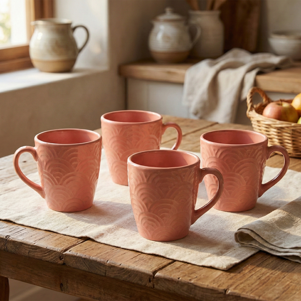 Peachy Coral Pink Solid Ceramic Coffee Mug Set of 4