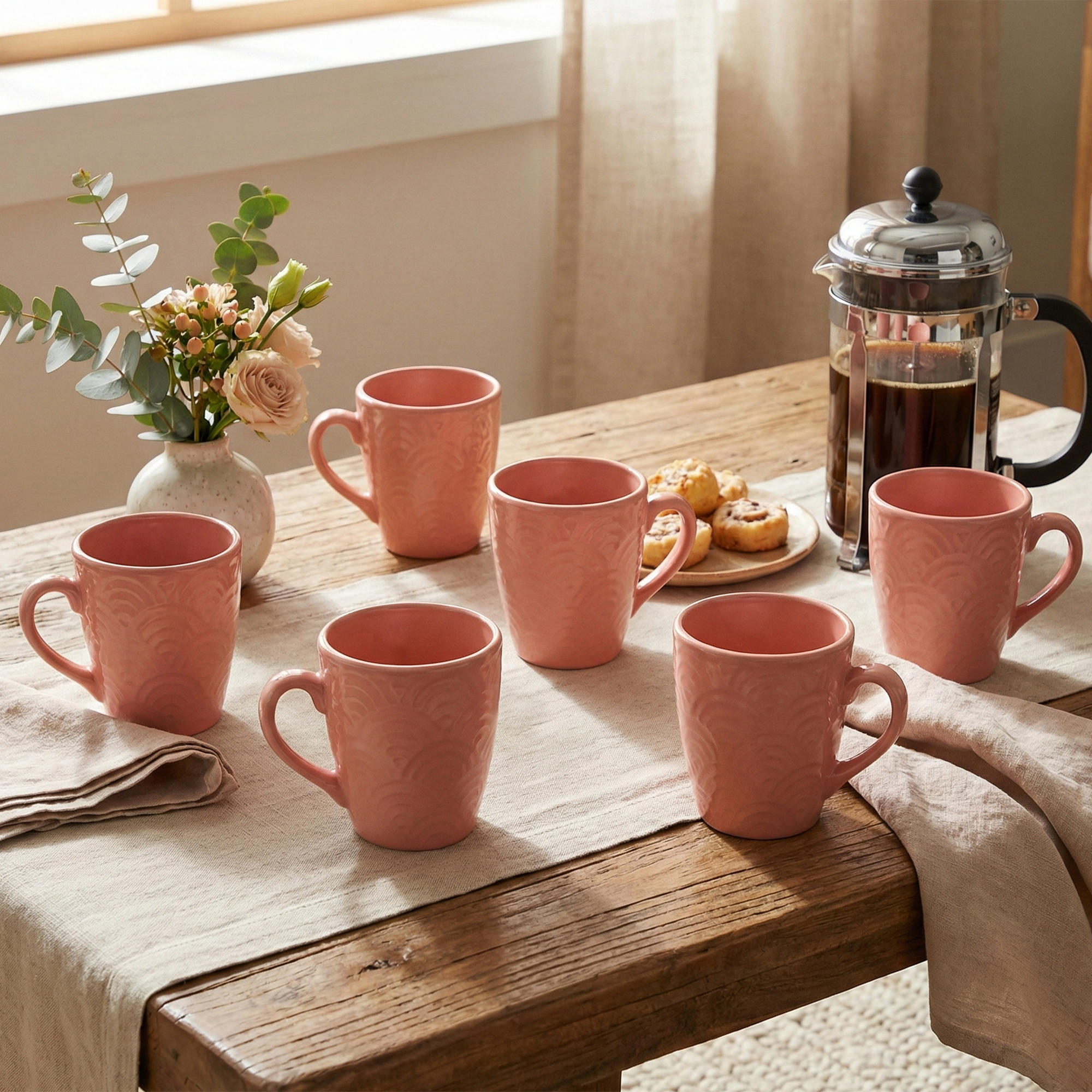 Peachy Coral Pink Ceramic Coffee Mug Set of 6