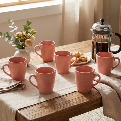 Peachy Coral Pink Solid Ceramic Coffee Mug Set of 6