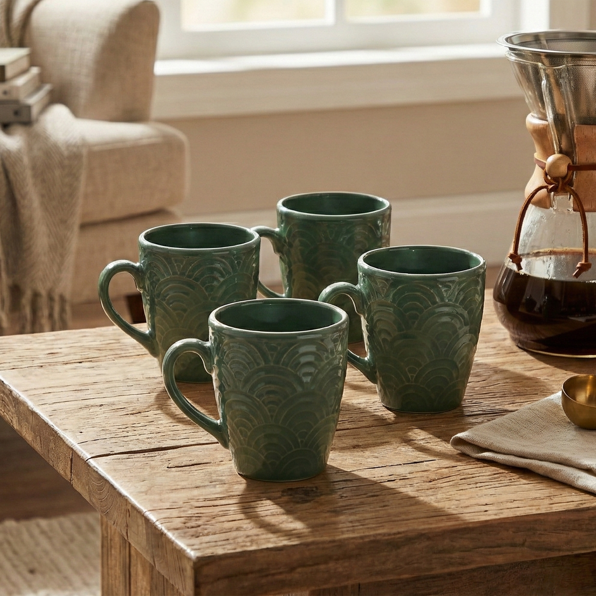 Pine Green Ceramic Coffee Mug Set of 4