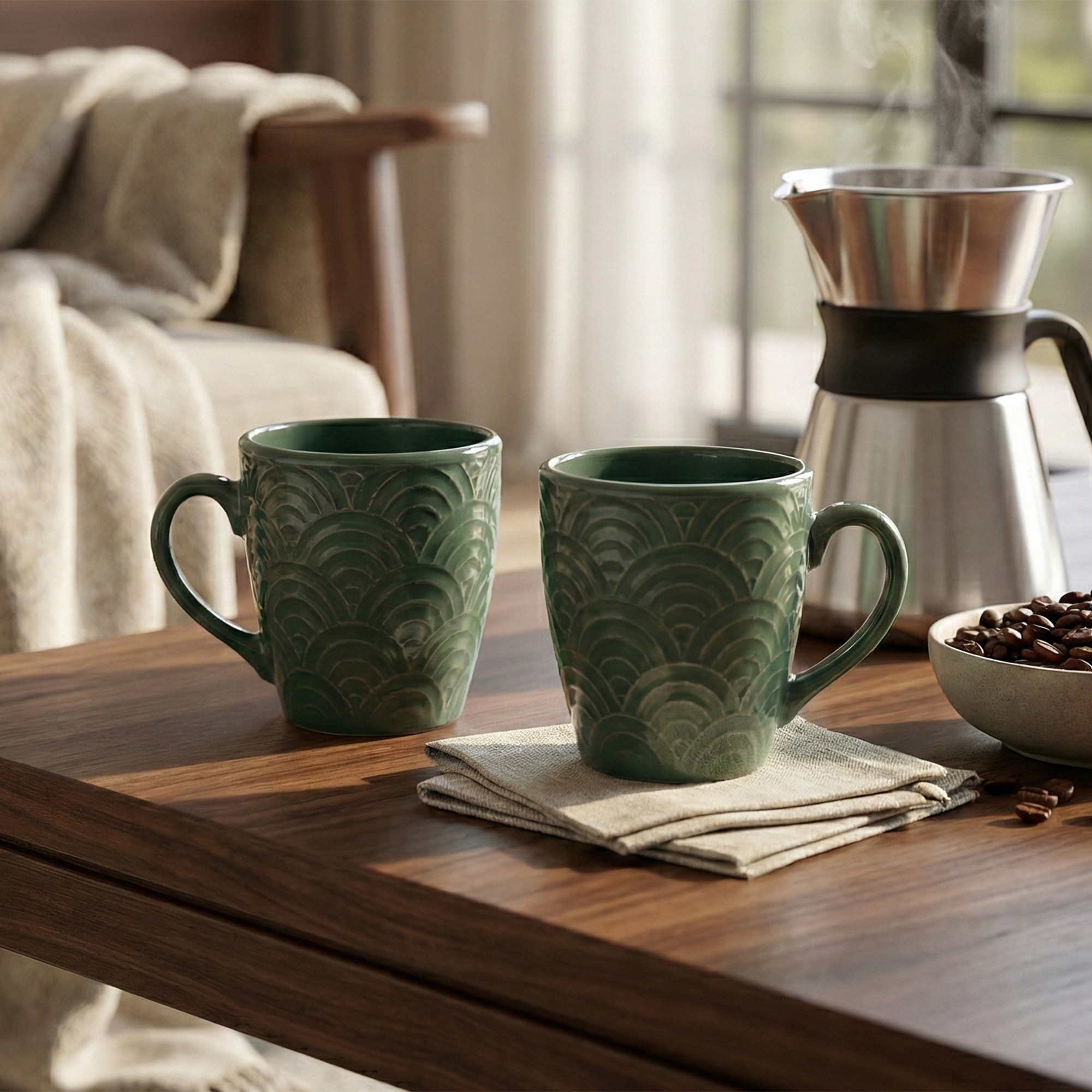 Pine Green Ceramic Coffee Mug Set of 2