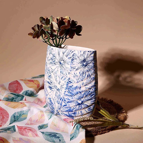 Blue Textured Leaf Imprint Vase