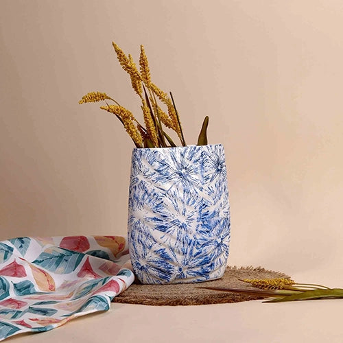 Blue Textured Leaf Imprint Vase