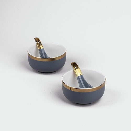 Luxe Grey Porcelain Gold-Rim Bowl (Set of 2)