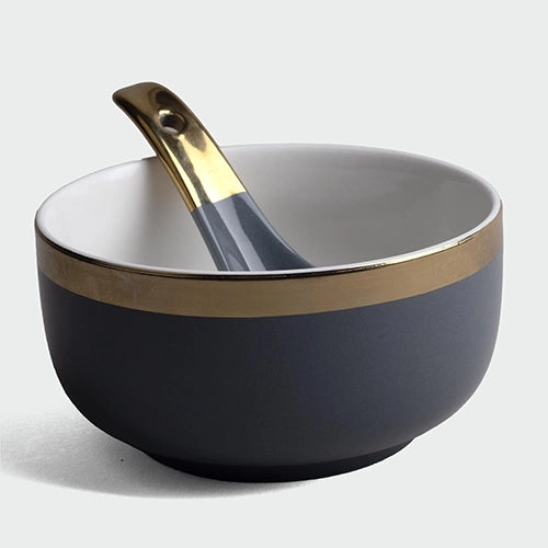 Luxe Grey Porcelain Gold-Rim Bowl (Set of 2)
