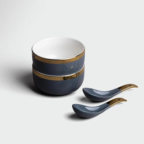 Luxe Grey Porcelain Gold-Rim Bowl (Set of 2)