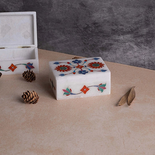 Floral Inlay White Marble Jewelry Box