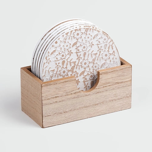 Stylish Gold-White Wooden Round Coasters (Set of 6)