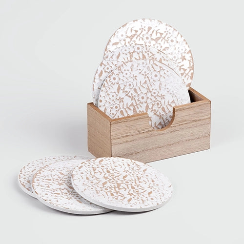 Stylish Gold-White Wooden Round Coasters (Set of 6)