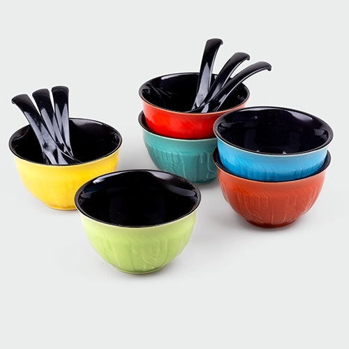 Vibrant Color Pop Bowl Set with Spoons (Set of 6)