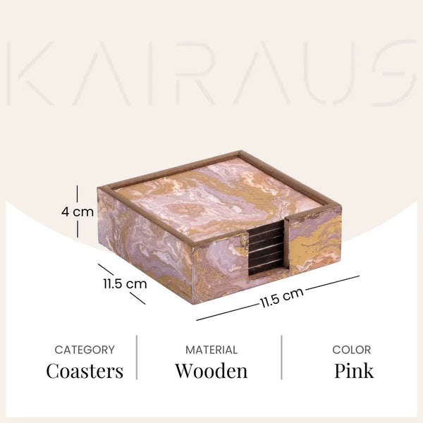 Elegant Pink Wooden Square Coasters (Set of 6)