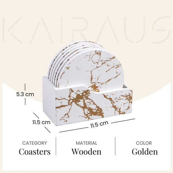 Premium White and Gold Wooden Coasters (Set of 6)