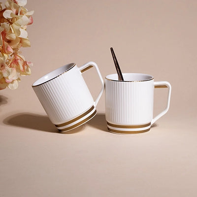Classic White and Gold Ribbed Cups Set of 2 - Fine Porcelain Tea Cup Gift