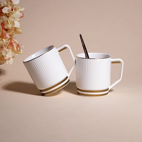 Classic White and Gold Ribbed Cups Set of 2 - Fine Porcelain Tea Cup Gift