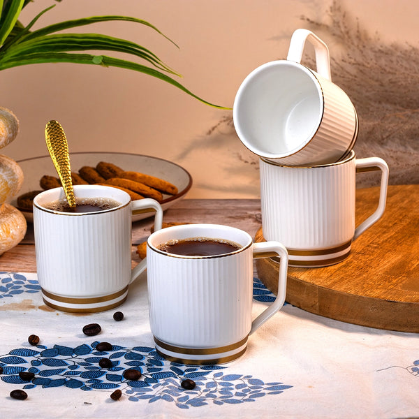 Classic White and Gold Ribbed Cups Set of 4 - Premium Gold Trim Porcelain