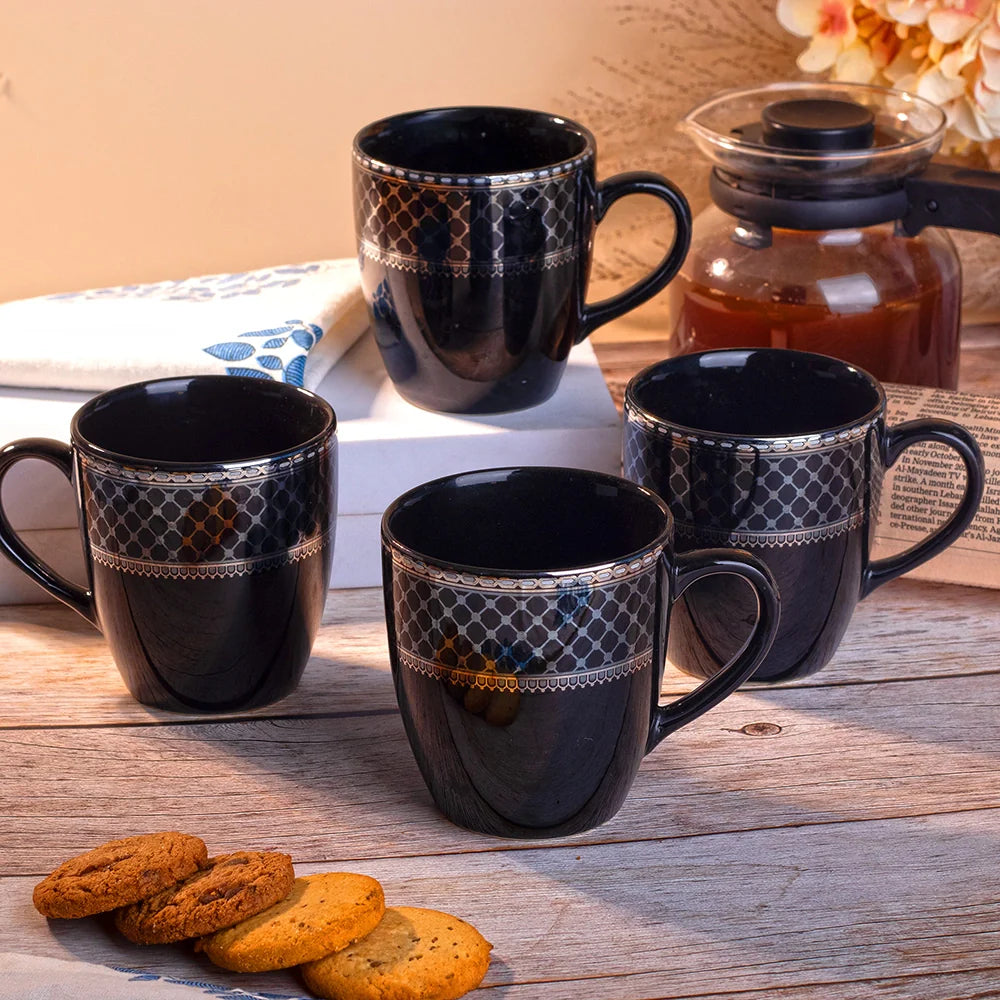 Elegant Glossy Black Gold Print Cup Set of 4