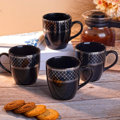 Elegant Glossy Black Gold Print Cup Set of 4