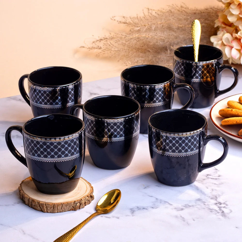 Elegant Glossy Black Gold Print Cup Set of 6