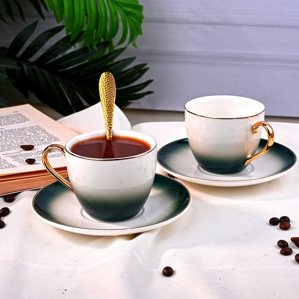Opulent Gold Trim Cup and Saucer Set of 2 - Fine Bone China Anniversary Gift