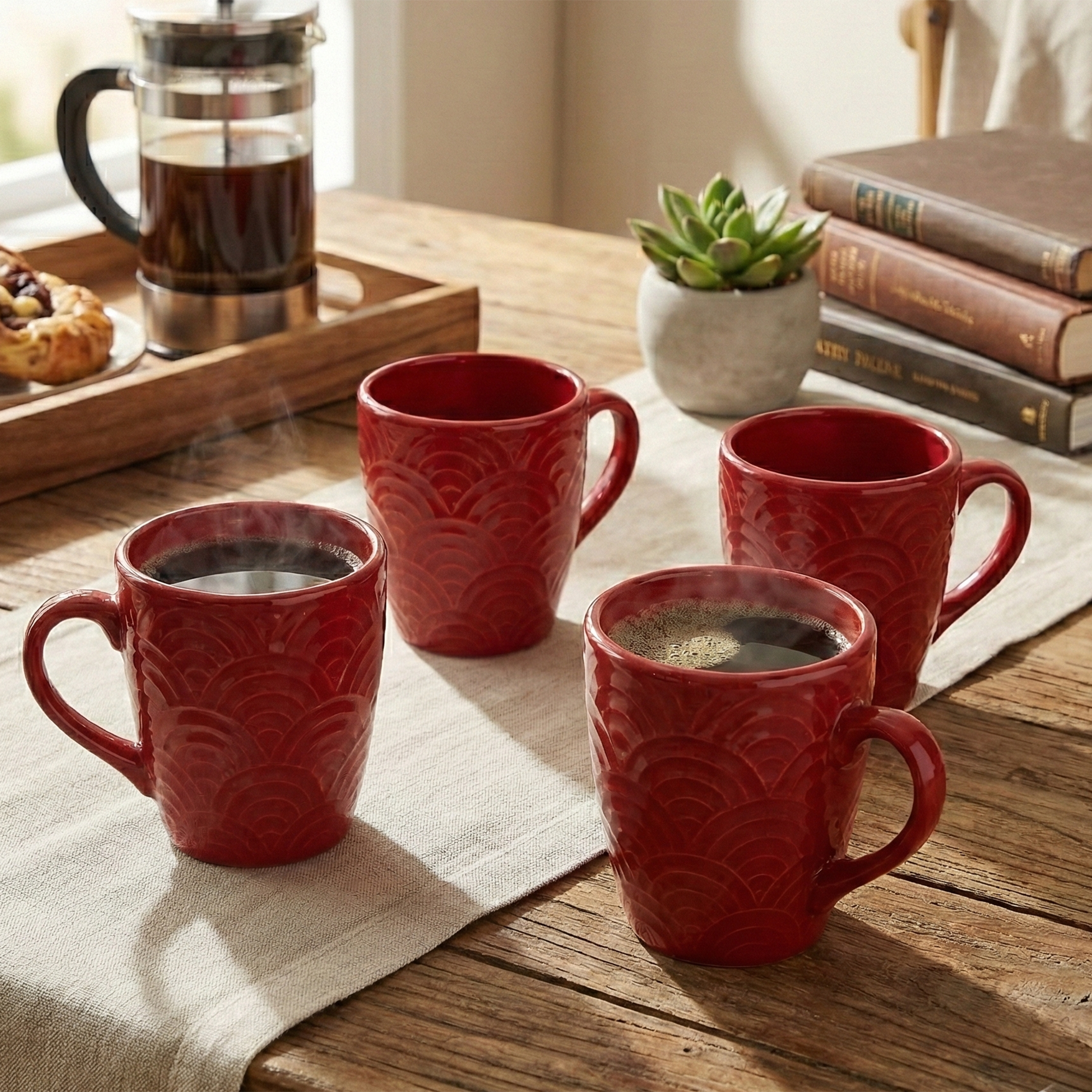 Scarlet Red Solid Ceramic Coffee Mug Set of 4