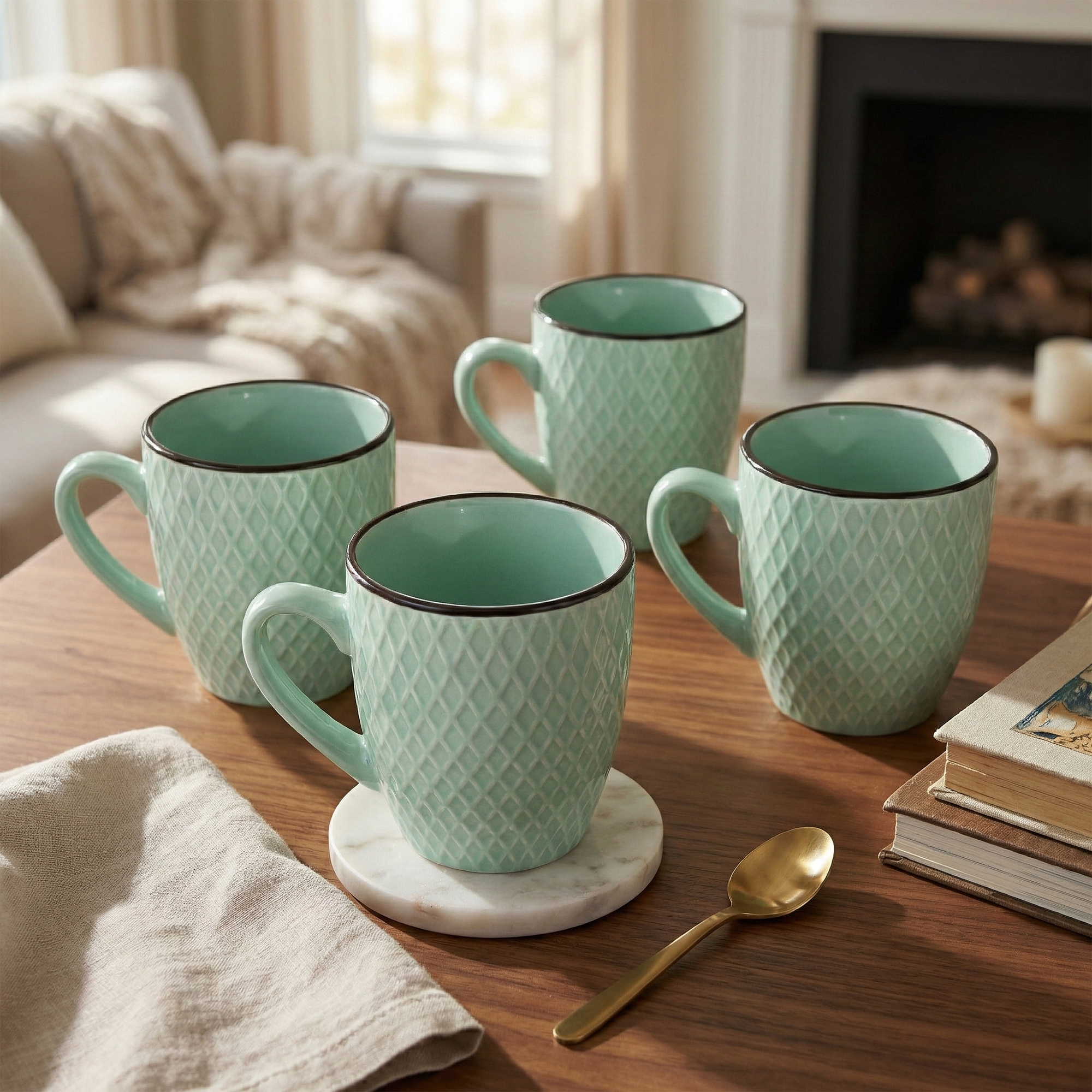 Sea Green Patterned Ceramic Cup