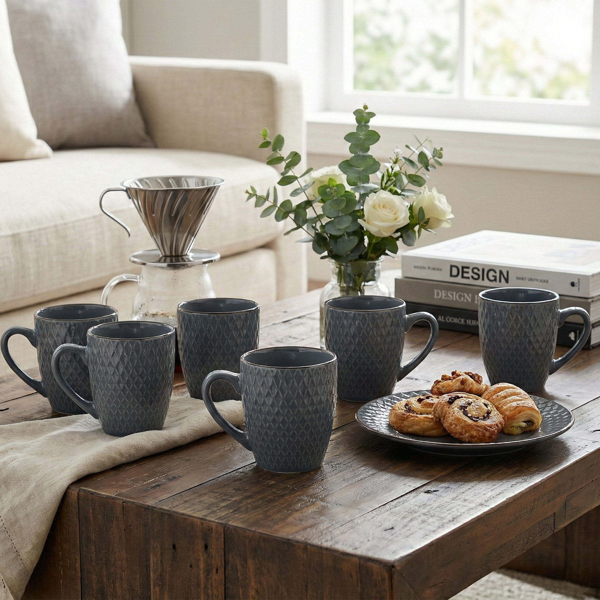 Smoky Slate Blue Patterned Ceramic Cup