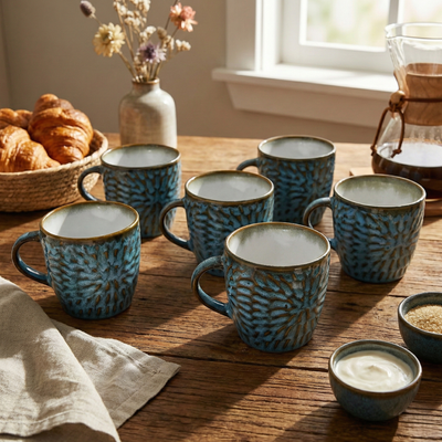 Uranian Blue Mosaic Ceramic Tea Cup Set of 6